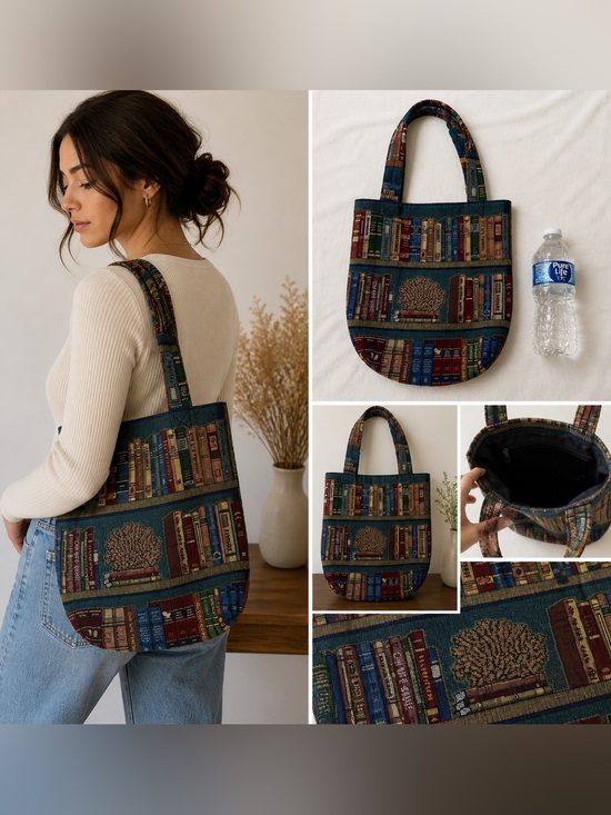 Handbags - Handmade Library-Print Canvas Tote Bag in Teal and Brown